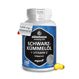 Ägyptisches Schwarzkümmelöl mit Vitamin E, 240 vegane Kapseln, Komplex mit 1010 mg pro Tag (Nigella sativa), Kaltgepresst, Hochdosiert, Sorgfältig Laborgeprüft, Produziert in Deutschland. image