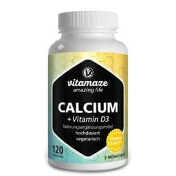 Calcium + Vitamin D3 hochdosiert, 600 mg Kalzium Carbonat + 400 IE Cholecalciferol pro Tagesdosis, 120 vegetarische Tabletten für 2 Monate, Nahrungsergänzung ohne Zusatzstoffe, Made in Germa image